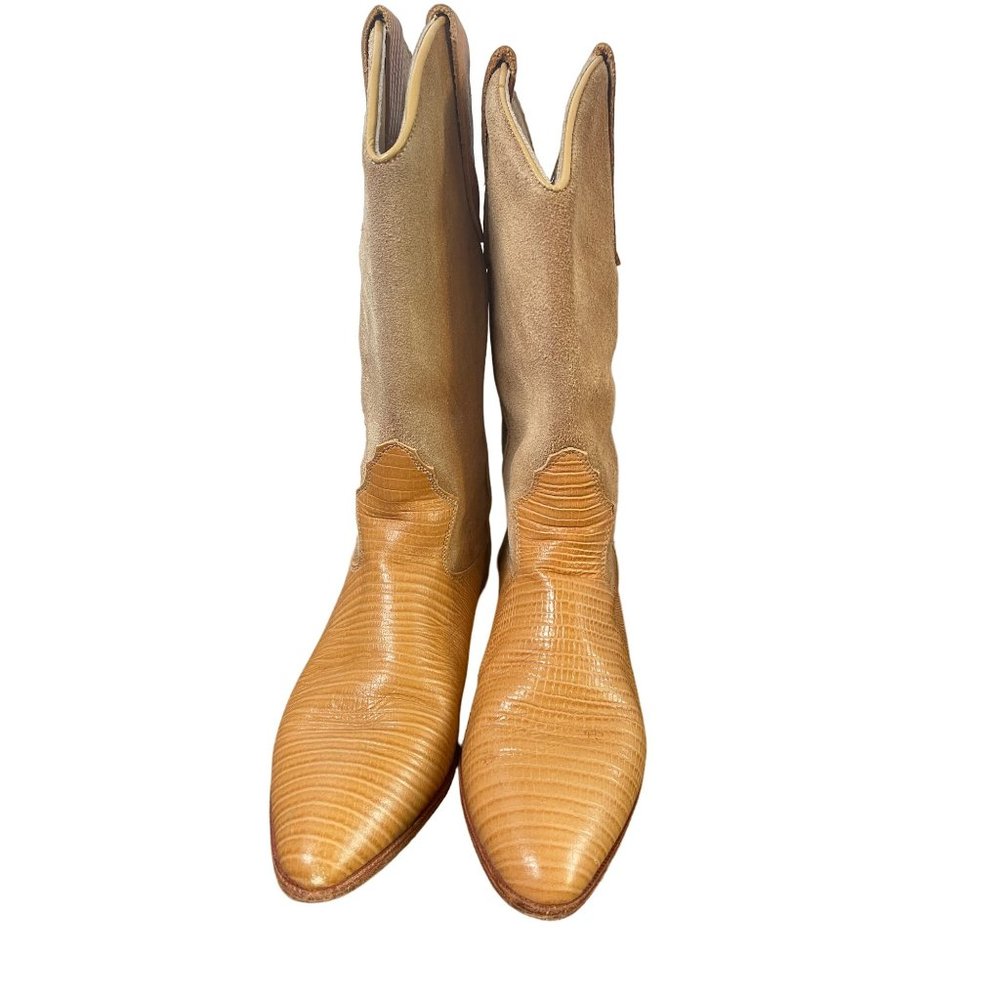 Vintage Western Mid Calf Suede & Leather Lizard Embossed Boots Light Tan Size 6 - Picture 4 of 10